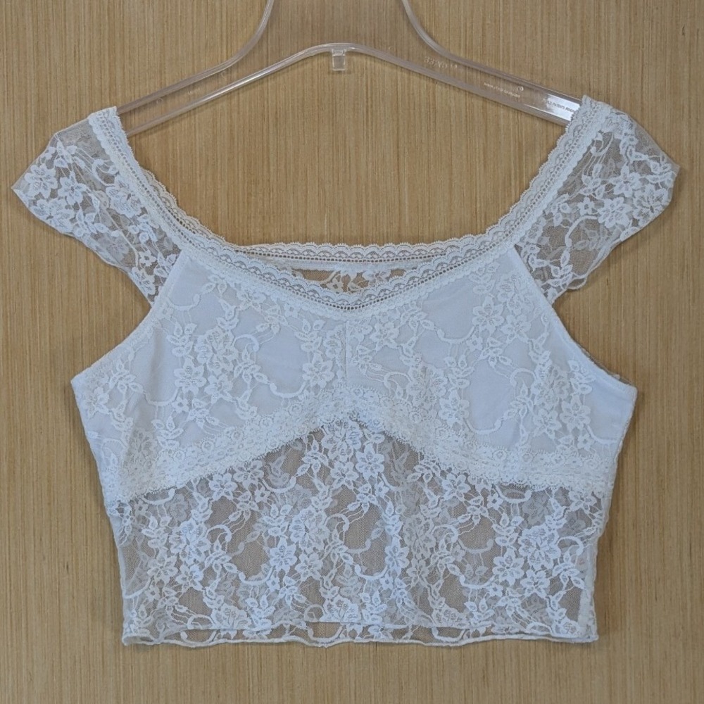Women Coquette Dainty Feminine White Floral Lace Crop Top Size L Sweetheart Neck
